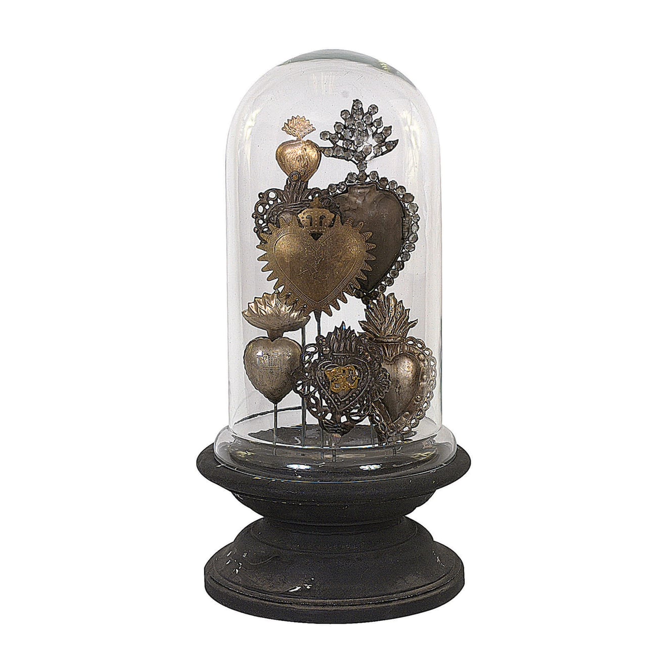 15&#x22; Decorative Tin Sacred Hearts on Wood Pedestal with Glass Cloche